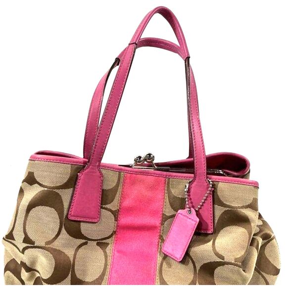 Coach Khaki and Pink Signature Jacquard Kiss-lock 3 Way Entry Shoulder Bag Purse - Picture 3 of 9